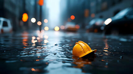 Yellow Construction Helmet Resting In A Water Puddle On A Rainy City Street Reflection And Blurred Background