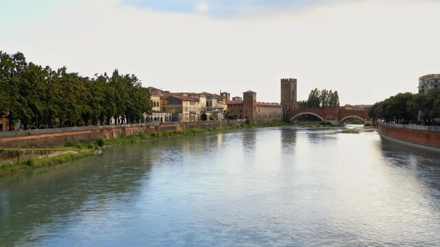 Picturesque panorama of Castelvecchio and Scaliger Bridge (Ponte Scaligero) on the Adige river in Verona, Italy