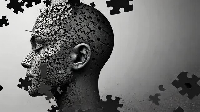 Conceptual Visualization of Dissolving Puzzle Woman as Psychological Breakdown