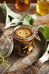 Preparation of herbal tincture from fresh burdock root and alcohol in a glass jar