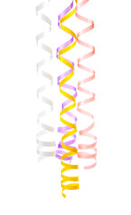 Many colorful serpentine streamers on white background