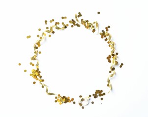 Frame of shiny golden serpentine streamers and confetti on white background, top view