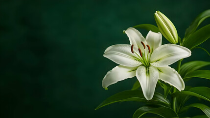 Fototapeta premium White Lily Blooming Against Dark Teal Background Showing Delicate Petals and Green Leaves