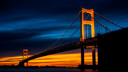 Fototapeta premium Suspension Bridge Silhouette Against Dramatic Sunset Sky Over Calm Water