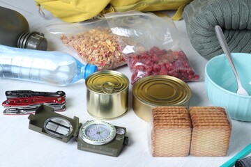 Disaster supply kit for earthquake on white wooden table