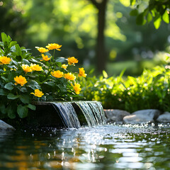 Yellow Flowers Blooming Beside Waterfall in a Serene Garden Setting with Green Foliage and Sunlight