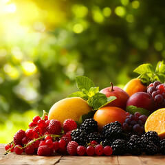 Vibrant Fruit Arrangement on Wooden Table with Green Foliage and Bright Sunlight