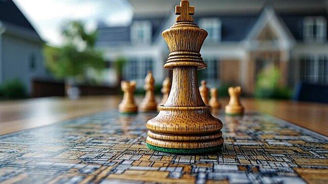 Chess king on a board in front of houses. Strategic game. Possible use Stock photo