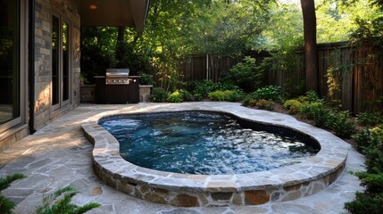 Serene Backyard with Sparkling Hot Tub Surrounded by Lush Greenery and Cozy Outdoor Space
