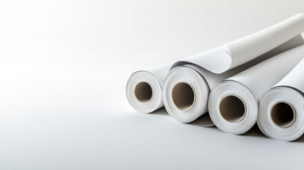 Fototapeta premium Rolled Paper Stock: Four rolls of pristine white paper stock sit neatly arranged, ready for printing or design projects. The smooth texture and uniform shape suggest high quality and versatility.