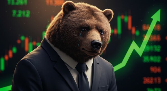 Sad cartoon bear in a business suit with tears streaming down its face, standing in front of a rising green stock market chart. This humorous and symbolic illustration represents bearish investors rea