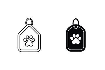 Pet Tag Icon With Paw Print,Vector Illustration In Outline And Solid Style
