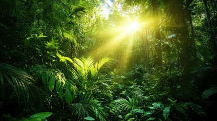 Sunbeams pierce lush tropical rainforest foliage, creating dappled light;  perfect for travel brochure