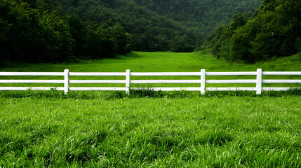 White Picket Fence Framing A Vibrant Green Field And Forest Under A Bright Sunlight