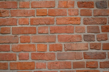 Red brick wall close up background. Vintage masonry texture of red bricks with mortar