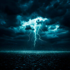Teal Lightning Strikes Over Dark Ocean Under Stormy Weather Dramatic View