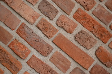 Red brick wall close up background. Vintage masonry texture of red bricks with mortar