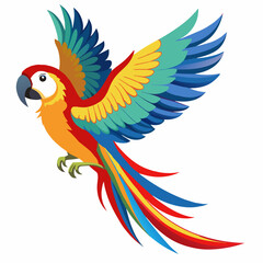 Obraz premium Сartoon flying colorful Amazon macaw parrot. Tropical parrot macaw mix of bright colors red, blue, green and yellow. Children's picture. Vector illustration isolated on white background.