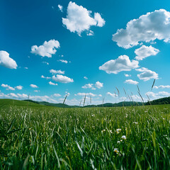 Obraz premium Vibrant Green Field of Wildflowers under a Bright Blue Sky with White Fluffy Clouds