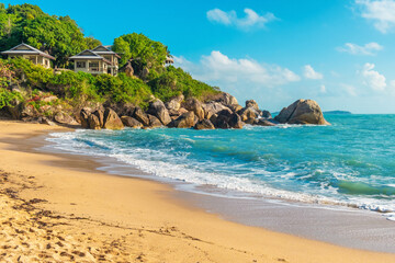 Fototapeta premium Tropical beach with golden sand, turquoise waving water, rocky coastline with lush greenery and seaside villas under clear blue sky. Coral cove sandy beach on Koh Samui island, Thailand