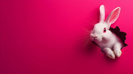 Obraz premium White Rabbit Peeking Through a Torn Hole on Pink Background with Detailed Fur and Vivid Colors