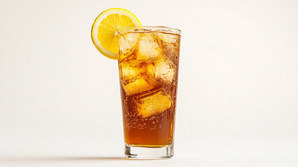 Fototapeta premium Refreshing Long Island Iced Tea with Bright Lemon Wedge on White Background