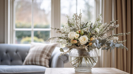 Floral arrangement with winter or early spring botanical plants and flowers idea