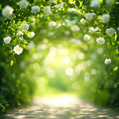 White Rose Archway Above Stone Pathway in Lush Green Garden with Sunlight