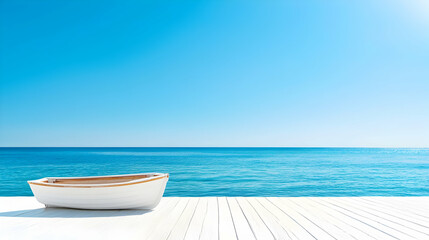 White Rowboat on Wooden Deck Overlooking Blue Ocean under Clear Sky Peaceful Coastal Scene