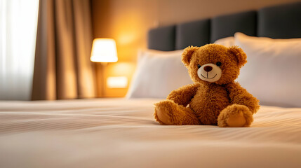 Teddy Bear Sitting On White Bed With Soft Lighting In A Warm Toned Bedroom Setting