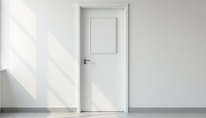 Minimalist white door in a bright, empty room  