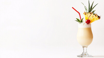 Pi&ntilde;a Colada Cocktail in a Hurricane Glass Surrounded by Garnishes