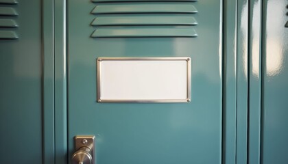 School locker door with metal handle and blank nameplate  