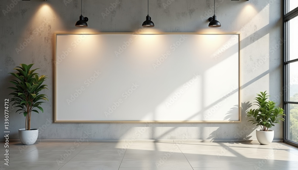 Poster modern empty gallery space with decorative plants and light