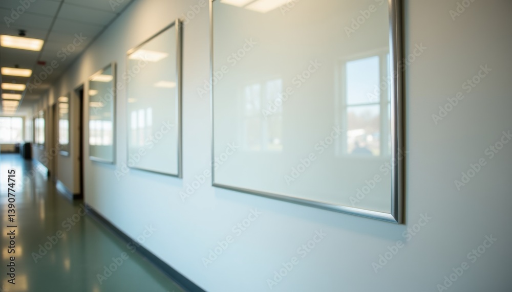 Poster empty frames on a corridor wall in a modern office setting