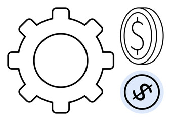Gear and dollar coins highlight connection between productivity and financial growth. Ideal for finance, economics, investment, process optimization, cost management, efficiency, business strategy