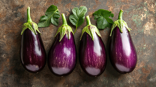 Fresh eggplants resting on a table, showcasing their deep purple color and glossy texture, perfect for cooking, gardening, or healthy lifestyle themes.