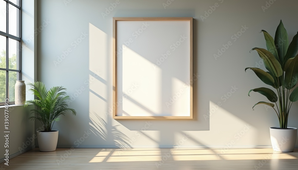 Poster minimalist interior with empty frame and sunlight shadows