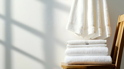 White Stacked Towels on Wooden Chair with Sunlight and Shadows against White Wall