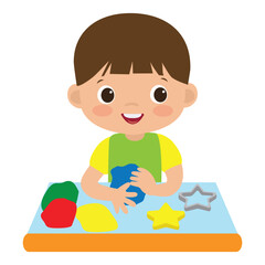Cute little  boy sitting at a table sculpting from colored clay vector cartoon illustration