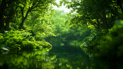 Vibrant Green Forest Landscape with Reflective River and Sunlight Creating Serenity