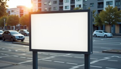 Fototapeta premium Blank billboard against urban background at sunset 