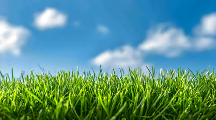 Fototapeta premium Vibrant Green Grass Field Underneath A Clear Blue Sky With Fluffy White Clouds