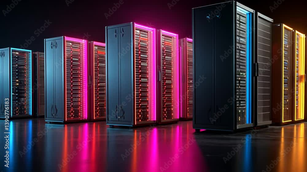Poster modern server room with illuminated racks in a data center environment generative ai