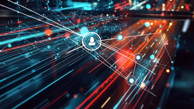 Abstract network of data connections with a user icon against a dark background