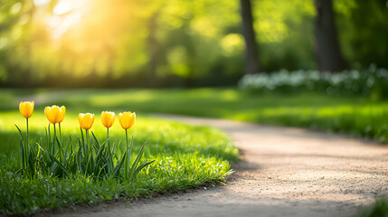 Yellow Tulips Growing Beside A Pathway In Sunny Park With Green Grass And Bokeh Background