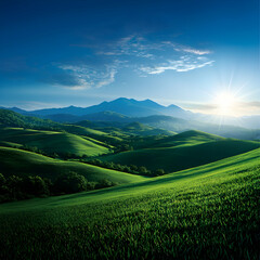 Obraz premium Vibrant Green Hills And Mountains Under A Bright Blue Sky With Sunshine Illuminating A Serene Landscape