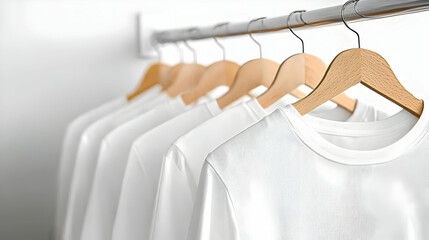 Obraz premium White T Shirts Hanging on Wooden Hangers Against White Wall Background for Clean Wardrobe