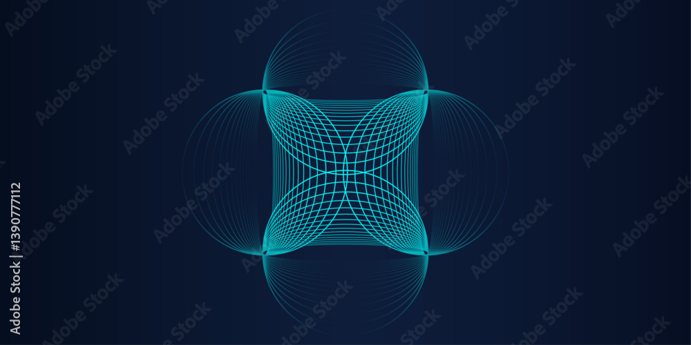 Poster Abstract circle lines wave line pattern flowing in blue green gradient color isolated on dark background with coy space. Vector design template for science, music, futuristic technology banner.