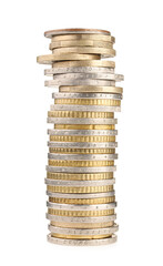 Stack of different coins isolated on white